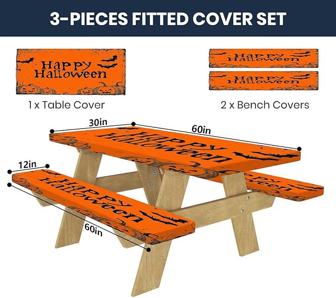 CAPSCEOLL Elastic Picnic Table Cover with Bench Covers 5Ft Waterproof Fitted Picnic Table Cover Cloths for Outdoors Camping Tablecloth with Drawstring Bag, 60X30in, Happy Halloween