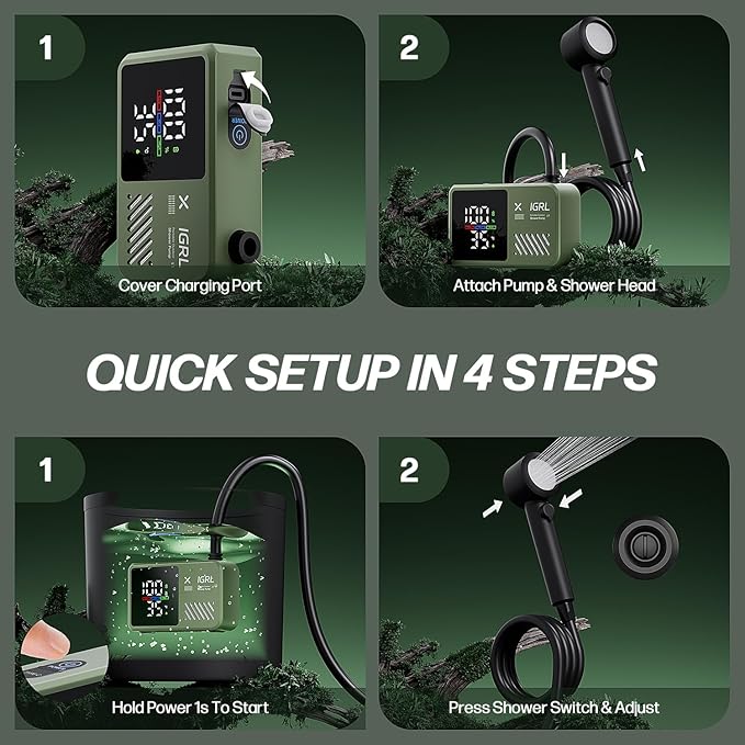 Portable Shower for Camping, Powerful 10L/Min Water Flow, Rechargeable Shower Pump with Bath Sponge, 4 Spray Modes, IPX8 Waterproof, 7800mAh Battery, Ideal for Hiking, Travel, Car Wash, Pet