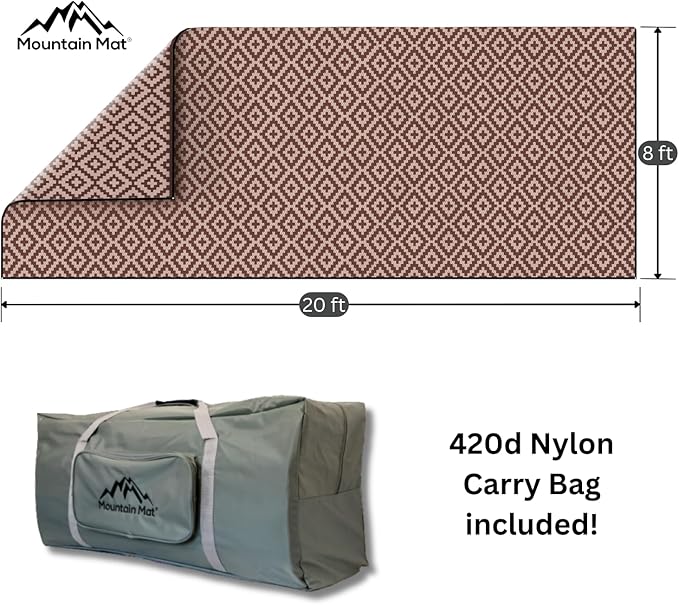 8x20 Brown & Tan RV Patio Mat with Carry Bag – Extra Thick 5mm Recycled Poly Rug – Heavy-Duty, Waterproof, Reversible – Premium Outdoor Mat for Campsite, Deck (8'x 20', Brown Diamond)
