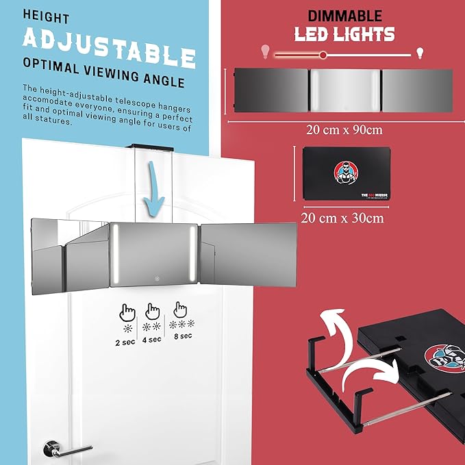 The 360 Mirror - 3 Way Mirror for Self Hair Cutting - Adjustable Trifold Barber Mirro to Cut Your Own Hair - Tri Fold Self Haircut System for Men - Three Sided Mirro for Haircuts (with LED)