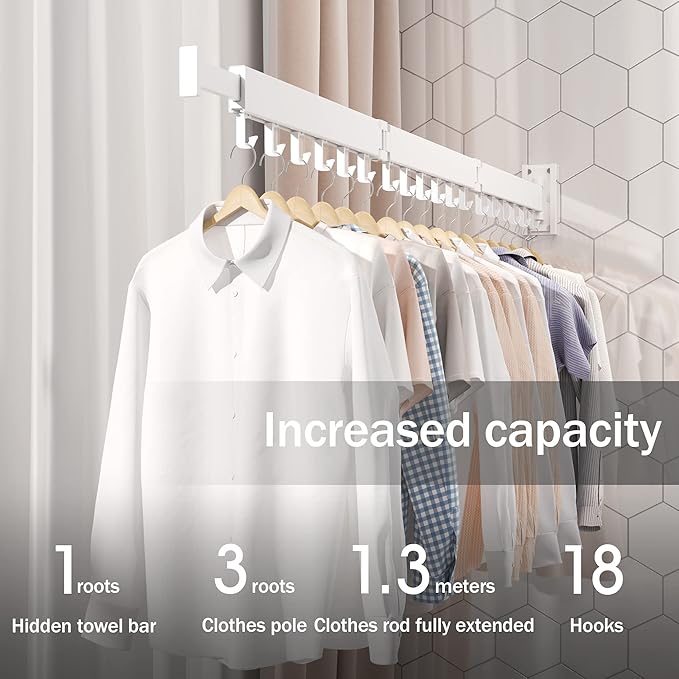Wall Mounted Clothes Drying Rack, Collapsible, Folding, Retractable - Clothes Hanging Rack (Hooks, White)