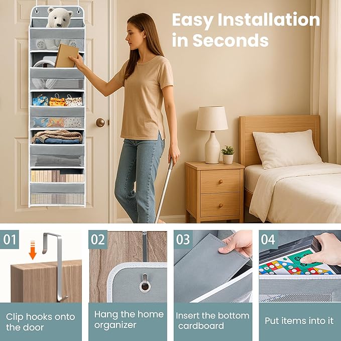 Over The Door Organizer with 8 Side Mesh Pockets, 44lb Weight Capacity Hanging Behind The Door Bathroom Organizers and Storage Suitable for Storing Toys, Shoes, Towels, Grey, 5 Shelf