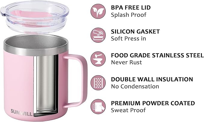 SUNWILL Insulated Coffee Mug with Lid, Travel Tumbler Reusable, 14 oz Stainless Steel Cup for Camping, Office, Home, Powder Coated Sakura