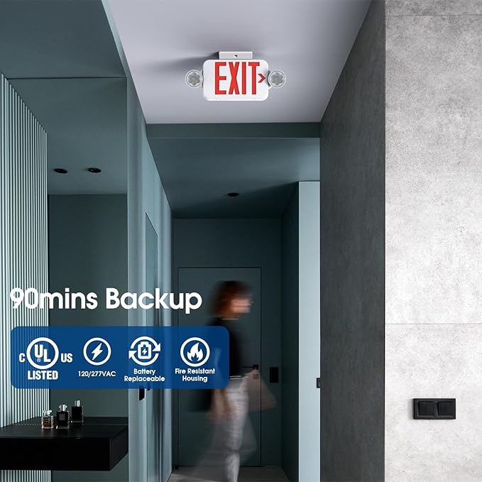 Red Led Exit Sign Emergency Light Combo Adjustable Two Head, Double Sided and Battery Backup Exit Light, Contractor Select, AC 120/277V (6 Pack)