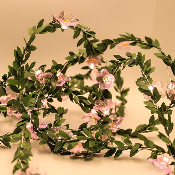 Decorative Fairy Vine Flower String Lights With Leaf, USB Plug In 16.5ft 50 LED Pink Cherry Blossom Garland Spring Decorations for Bedroom Wall Wedding Birthday Christmas Hanging Decor (Warm White)