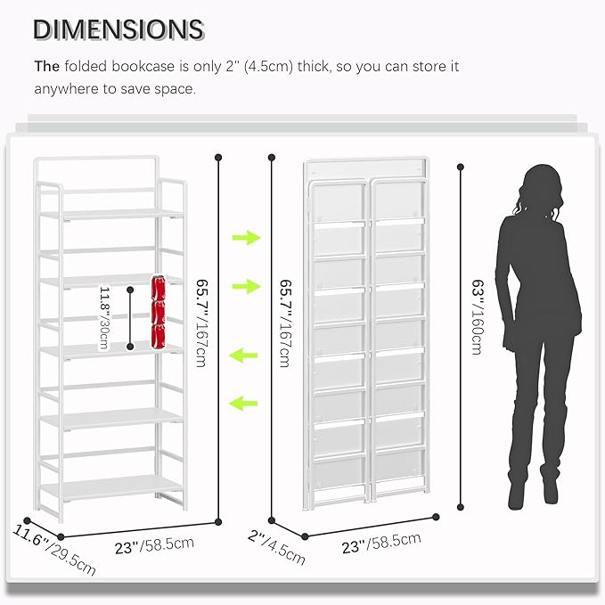 4NM No-Assembly 5 Tiers Folding Bookshelf Storage Shelves Vintage Bookcase Standing Racks Study Organizer Home Office (All White)