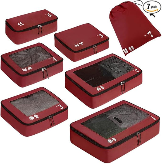 ECOHUB 7 Set Packing Cubes Tear-Resistant Luggage Packing Organizers with Number Icon for Travel Accessories Luggage Suitcase Machine Washable Packing Cubes (Red)