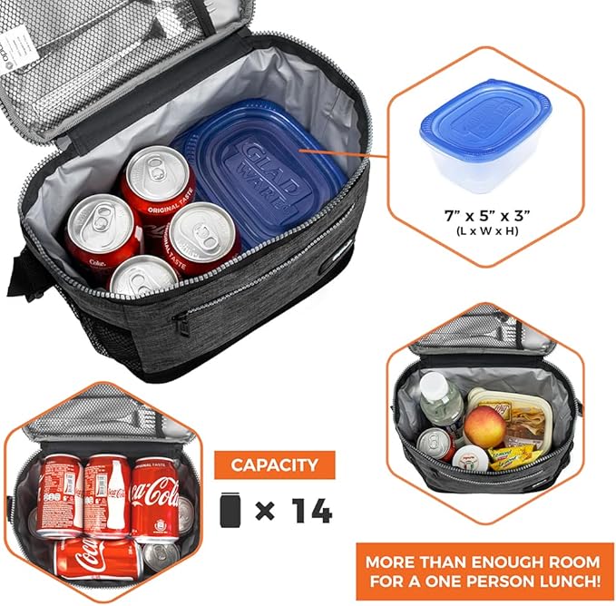 opux Insulated Lunch Box Men Women, Lunch Bag for Work School, Leakproof Soft Cooler Tote Adult, Large Lunch Pail Kids Boys Girls, Picnic Beach Food Bag with Shoulder Strap, Charcoal
