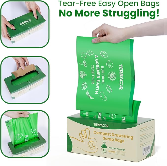 13 Gallon Compost Drawstring Kitchen Waste Bag, 49.2 Liter, 35 Count,1 Mil, Heavy Duty Food Scrap Bags