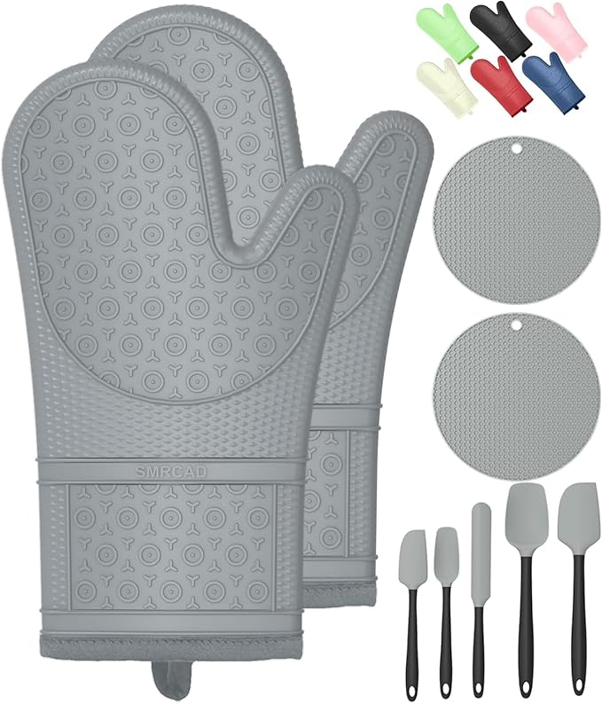 Oven Mitts with Heat-Resistant Hot Pads and Five Silicone Spatulas Designed for Kitchen Baking Cooking, Oven Glove Soft Cotton Lining, Waterproof, BPA-Free (GRYE, 12.6)