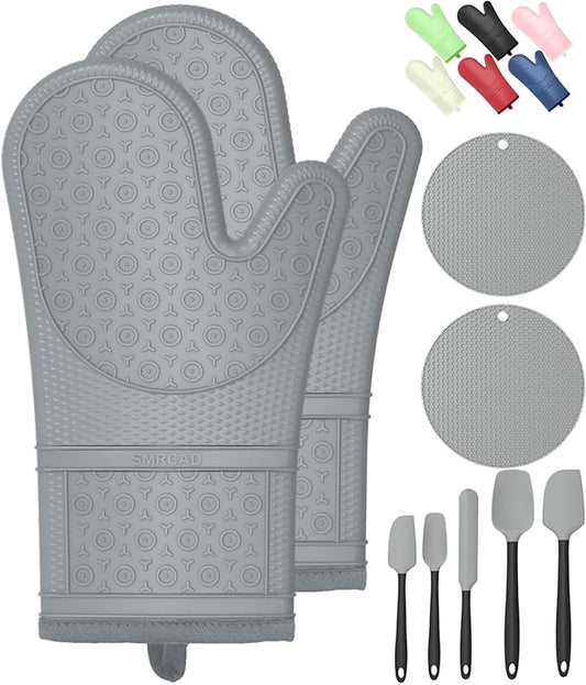 Oven Mitts with Heat-Resistant Hot Pads and Five Silicone Spatulas Designed for Kitchen Baking Cooking, Oven Glove Soft Cotton Lining, Waterproof, BPA-Free (GRYE, 12.6)