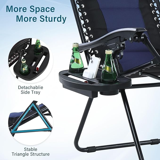 MFSTUDIO Padded Zero Gravity Recliner Chair Set of 2, Folding Patio Lounge Chairs with Adjustable Pillows & Cup Holder for Poolside Backyard, Support 350lbs(Blue)