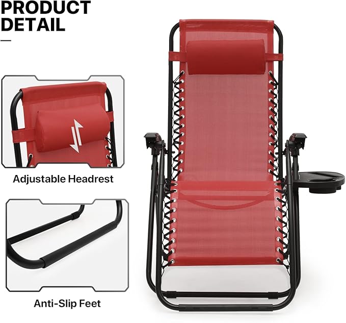 MoNiBloom 3PCS Leisure Chairs Table Set Outdoor Furniture Zero Gravity Chairs Recliner Adjustable Folding Lounger for Pool Patio Camping Yard Beach Vacation, 330lbs Capacity, Maroon