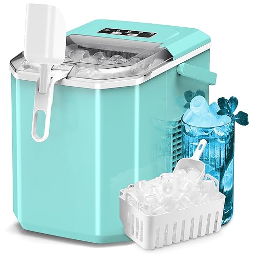 ZAFRO Countertop Ice Maker, 26.5Lbs/24H, 9 Bullet Cubes in 6 Mins, Self-Cleaning Portable Ice Machine with 2 Ice Sizes (S/L), Quiet Compact Design, Double Handles, for Home, Party, RV, Camping, Green