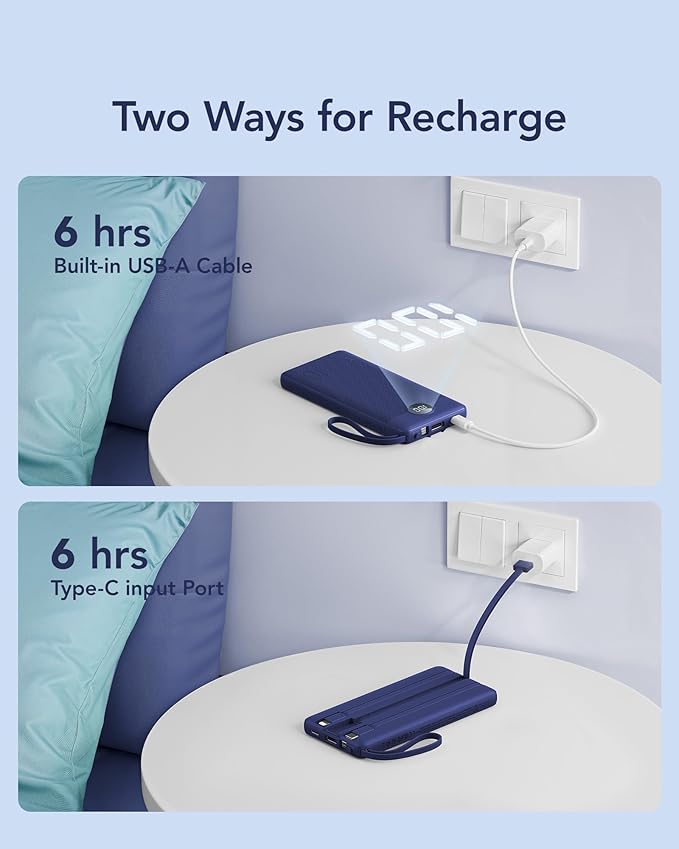 VRURC Portable Charger Power Bank, 10000mAh Travel Essentials, 5 Outputs 2 Inputs Slim Battery Pack Built-in Cables Cords Compatible with iPhone,Samsung,Android-Navy Blue(1 Pack)