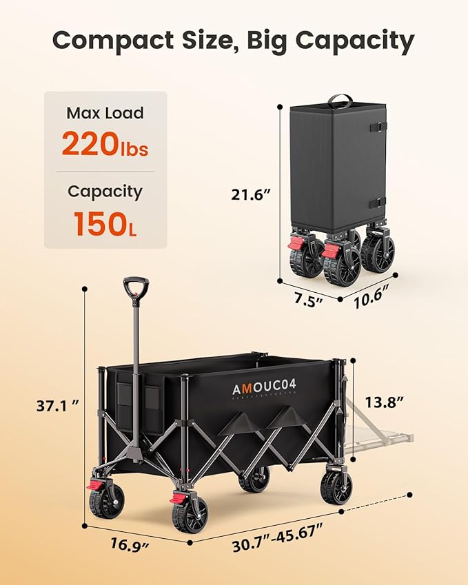Wagon Cart Foldable, Collapsible Wagon with Expandable Storage, 150L Foldable Grocery Cart with 2 Cup Holders for Outdoor, Garden, Camping &Groceries