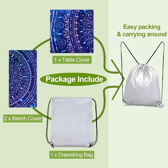 Picnic Table Cover with Bench Covers Camping Essentials Waterproof Windproof Camping Tablecloth with Drawstring Bag, Fitted Rectangle Tables and Seats, 96in, Blue Purple