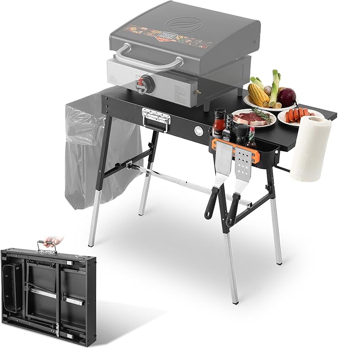 Outdoor Grill Table Blackstone Griddle Stand 17" & 22", Folding Camping Table with Side Shelf and Caddy, Ninja Grill Stand& Pizza Oven Table for Tailgating, Blackstone Griddle Accessories