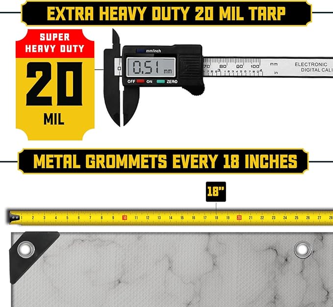 Core Tarps Extreme Heavy Duty 20 Mil Tarp Cover, Waterproof, UV Resistant, Rip and Tear Proof, Poly Tarpaulin with Reinforced Edges for Roof, Camping, Patio, Pool, Boat (Marble/White 30′ X 40′)