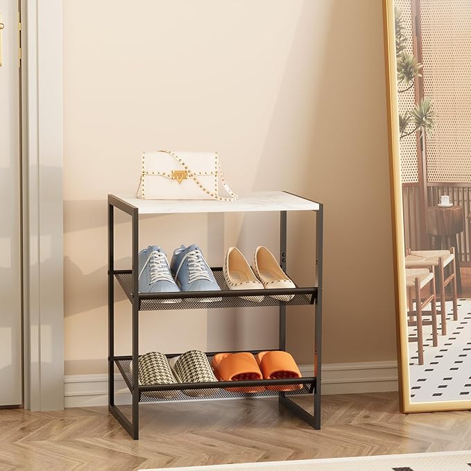 Garden 4 you 3 Tiers Narrow Shoe Rack,Small Space Freestanding Shoe Storage Organizer with White Wooden Tabletop,Adjustable Metal Shelf Stackable Shoe Shelf for Entryway Hallway Living Room Closet