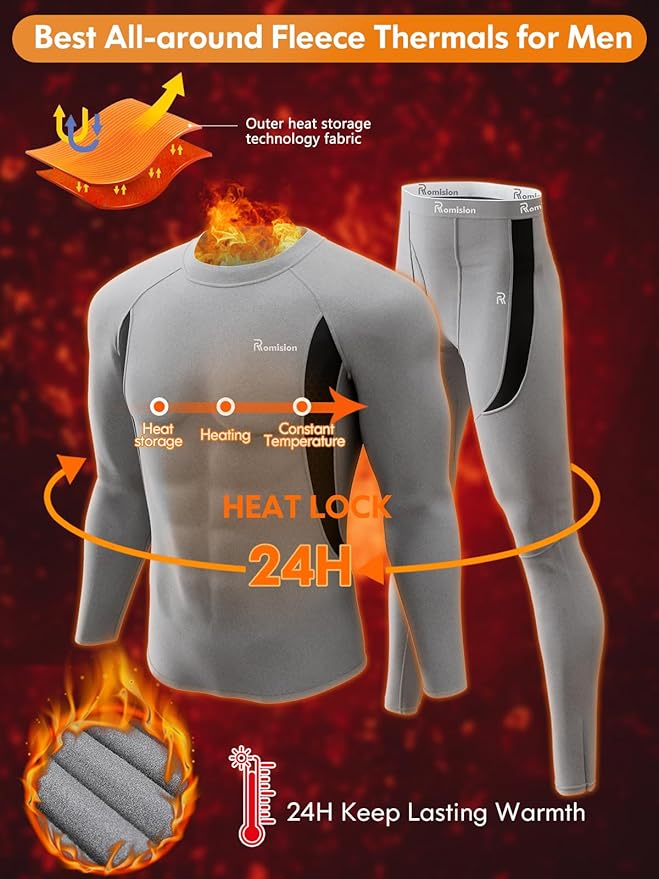 romision Thermal Underwear for Men Long Johns Fleece Lined Hunting Gear Bottom Top Set Base Layer for Cold Weather Gift