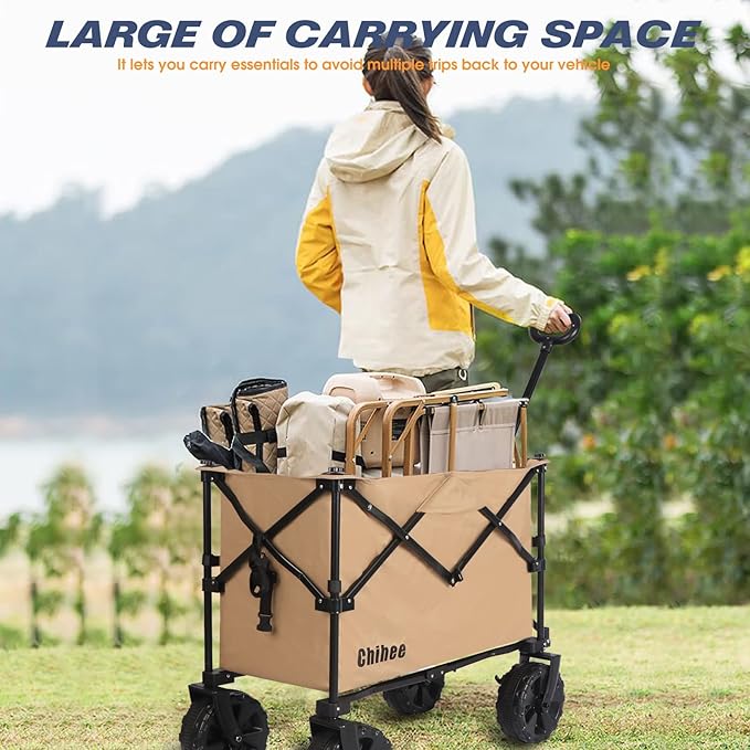 Chihee Folding Wagon Cart Garden Cart Heavy-Duty with 2 Cup Holders,Camp Cart for All-Terrain Wheels with Braking System Large Capacity Removable Fabric,for Sporting Events,Camping,Beach Trips
