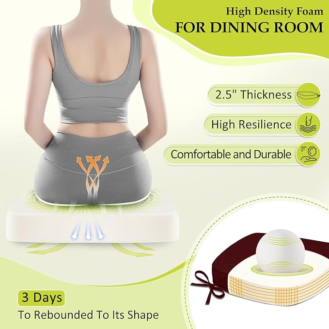 Chair Cushions for Dining Chairs, Indoor Chair Cushions with Ties，Waterproof Chair Pads Set of 4, Burgundy, 17x16x2.5 Inch