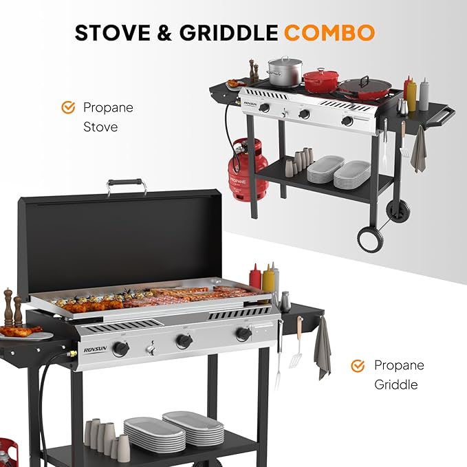 ROVSUN 3 Burner Outdoor Propane Gas Stove with Griddle, Ignition & Side Shelves, 225,000 BTU Powerful Gas Stove Outdoor Cooker for Backyard Patio Cooking Home Camping Grilling Canning Turkey Frying