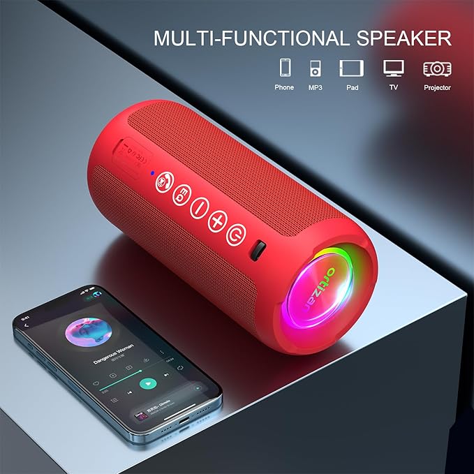 Ortizan Portable Bluetooth Speaker: IPX7 Waterproof, 24W Loud Sound, Deep Bass, Bluetooth 5.3, LED Lights, Wireless Stereo Pairing, 30H Playtime, for Home/Outdoor/Party/Beach, Birthday Gift (Red)