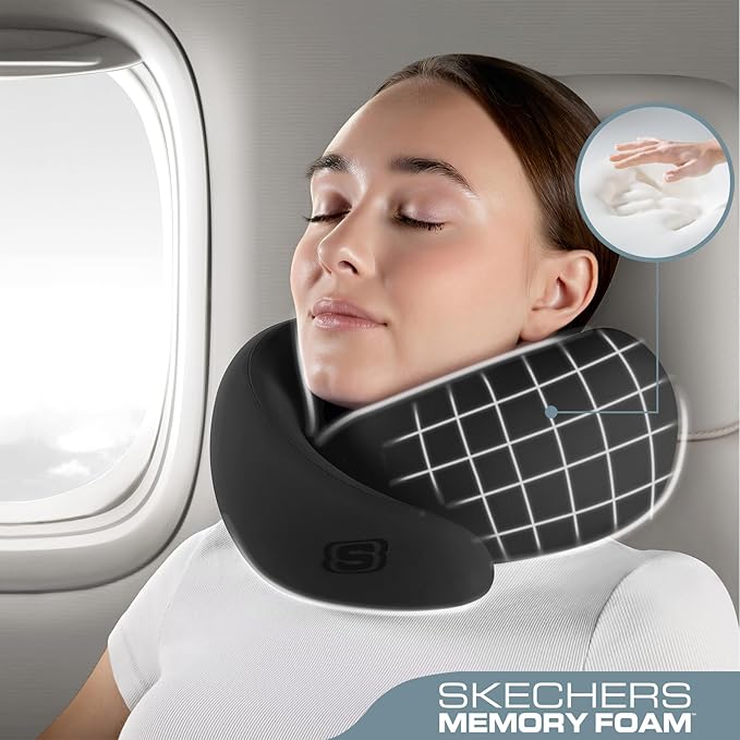 Skechers Memory Foam Travel Pillow,Comfortable & Breathable Airplane Travel Essential,Neck Pillow for Travel,Car Rides,Home, and Office Use,Ergonomic Design for Men and Women,Black