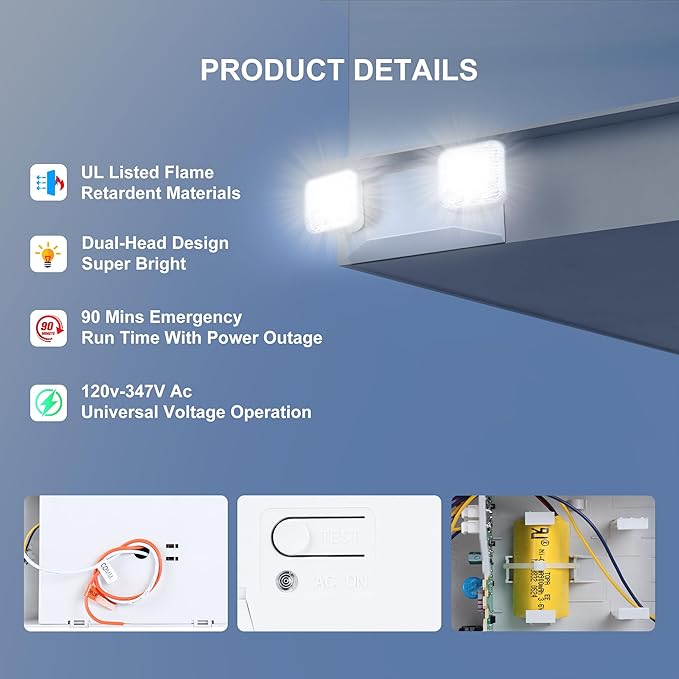Qllite LED Emergency Light with Battery Backup, LED Commercial Emergency Lighting Fixtures Two Heads Adjustable, UL Listed, AC 120-347V, Energy Efficient for Business Schools Hospitals, Square Ivory