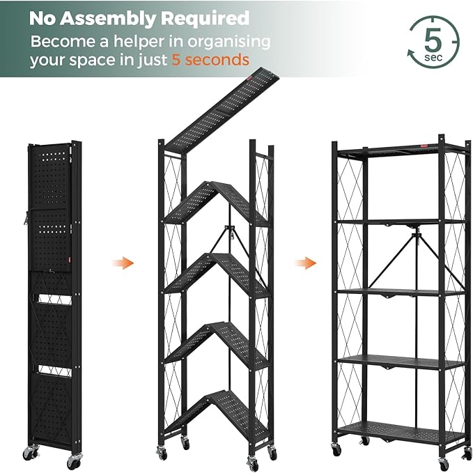 DEANIC 5-Shelf Folding Bookcase with Wheels, Rolling Bookshelf Heavy Duty Storage Shelves, Freestanding Metal Wire Shelving Unit for Living Room, Office, Kitchen, Basement, Pantry (Black)