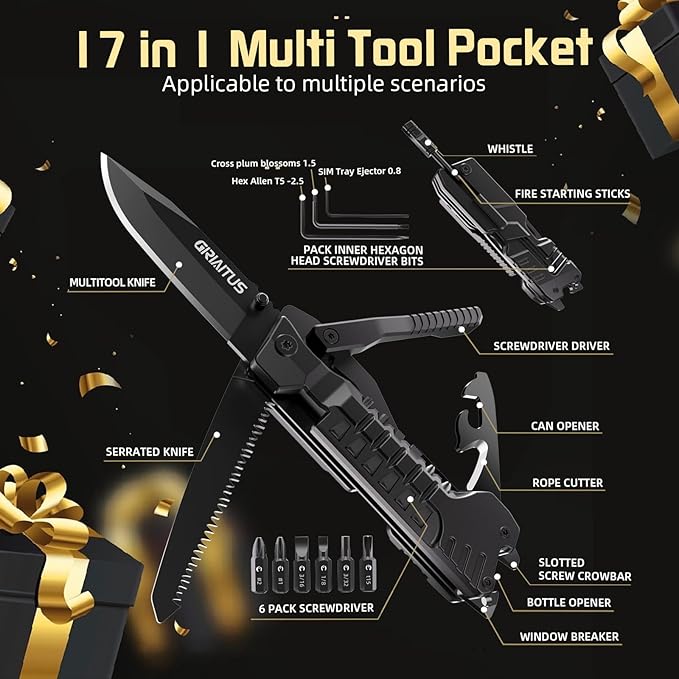 Multi-Tool Gifts for Men, Christmas Stocking Stuffers for Dad from Daughter Son, Multitool Knife 17 in 1 EDC Gear Cool Father Unique Birthday Gifts for Him Husband Boyfriend Grandpa Camping Essentials