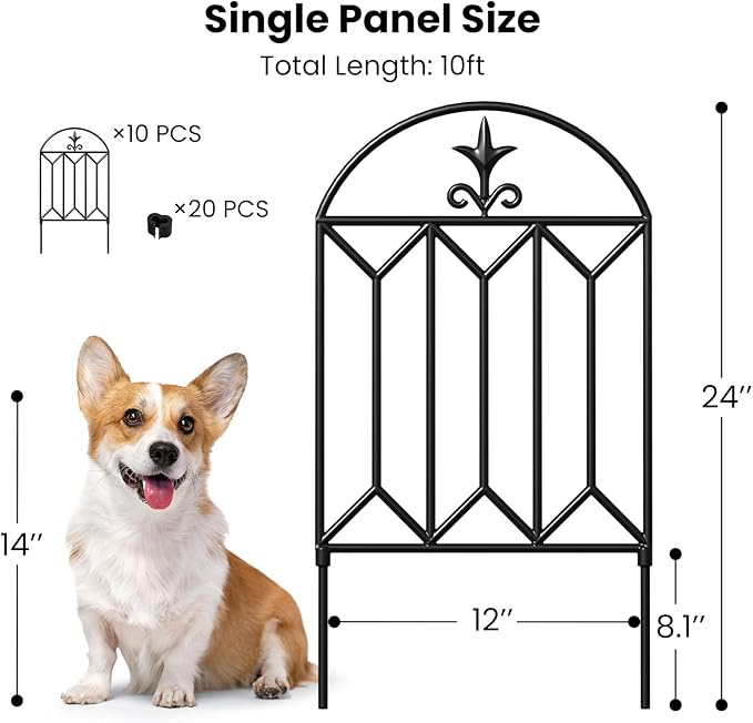 AMAGABELI GARDEN & HOME 10 Panels 24in(H)×10ft(L) Decorative Garden Fence and Borders for Dog No Dig Metal Fence Panel Garden Edging Border Fence for Animal Barrier Fencing for Flower Bed Yard Patio