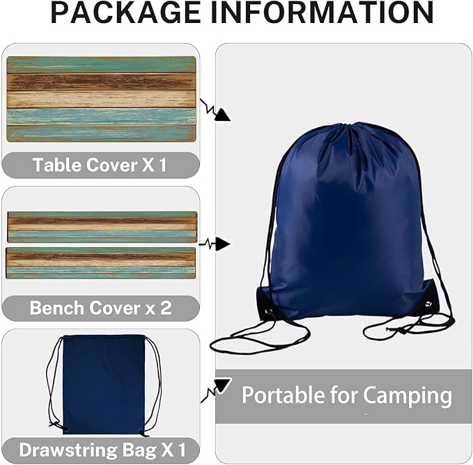 CAPSCEOLL Elastic Picnic Table Cover with Bench Covers 5Ft Waterproof Fitted Picnic Table Cover Cloths for Outdoors Camping Tablecloth with Drawstring Bag, 60X30in, Blue Brown Wood