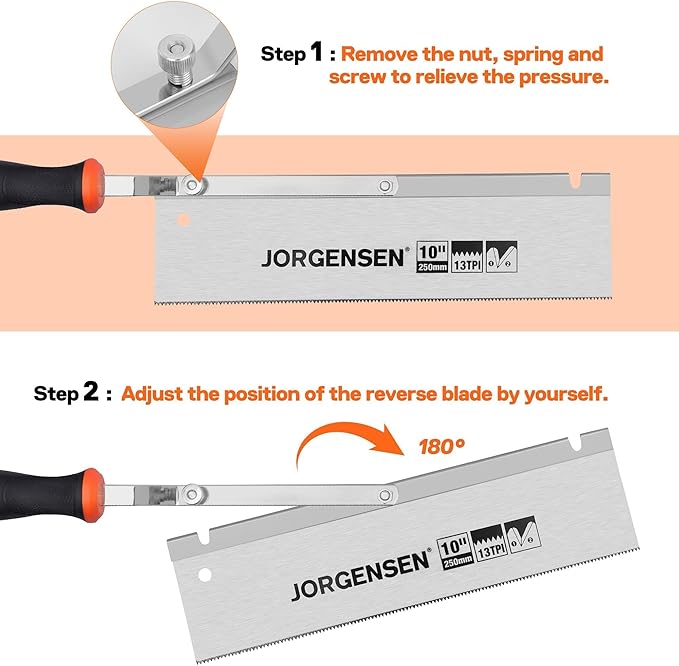 JORGENSEN 10" Dovetail Reversible Saw, Professional Cutting Jamb Saw, 13TPI Double Ground Teeth Flush Cut Saw Spring Loaded Design Cranked Soft Handle, Shorten Door Frame, Tile Installation and Prep