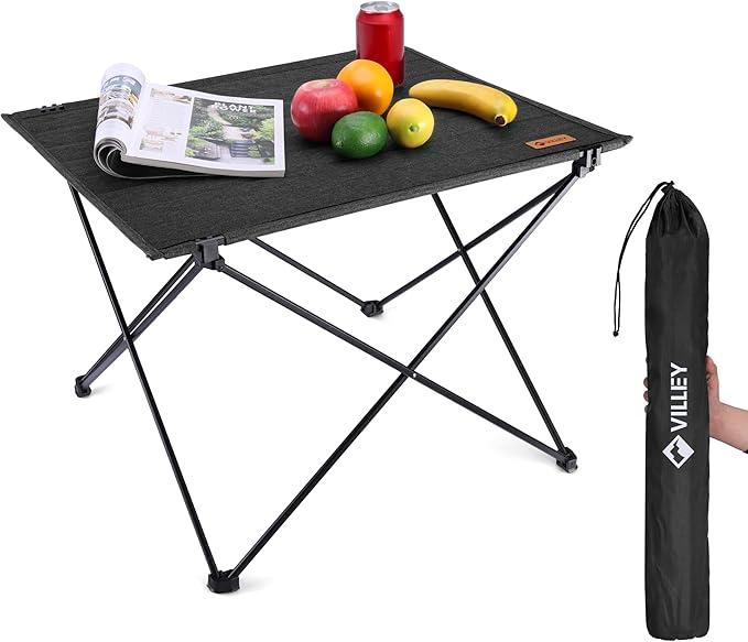 VILLEY Folding Camping Table with Carry Bag, Portable Lightweight Beach Table with Oxford Fabric and Reinforced Aluminum Panel for Outdoor, Camping, Picnic, Backyards, BBQ
