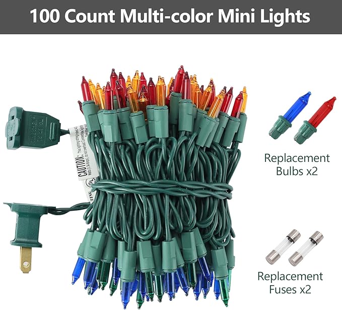 Multicolor Christmas Lights Plug in, 100 Count Multi Colored 21ft Christmas String Lights for Tree, Connectable Traditional Indoor String Lights with Green Wire Xmas Outdoor Decorations