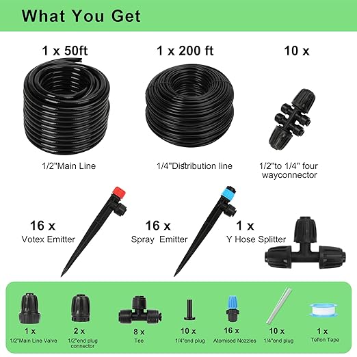 250FT Drip Irrigation Kit – 2025 New Quick-Connect Micro Irrigation System with 50FT 1/2'' Tubing, Locking Nozzle Emitters, Adjustable Misting Sprayers for Gardens, Lawns, Raised Beds and Greenhouses