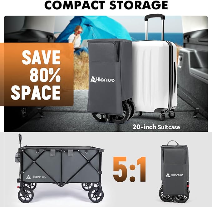 Hikenture Collapsible Wagon 330LBS Capacity, 200L Extra Large Wagons Carts Foldable, Heavy Duty Folding Wagon with All-Terrain Wheels, Utility Beach Wagons for Outdoor Garden