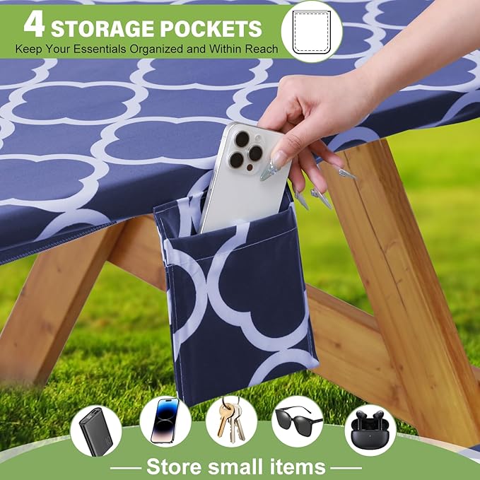 Fitted Picnic Table Cover with Bench Covers Waterproof Elastic Edges Rectangle Patio Tablecloth Outdoor Camping Essentials Stuff Rv Accessories Summer Trip Travel Supplies Party Camper Gifts, 6 f