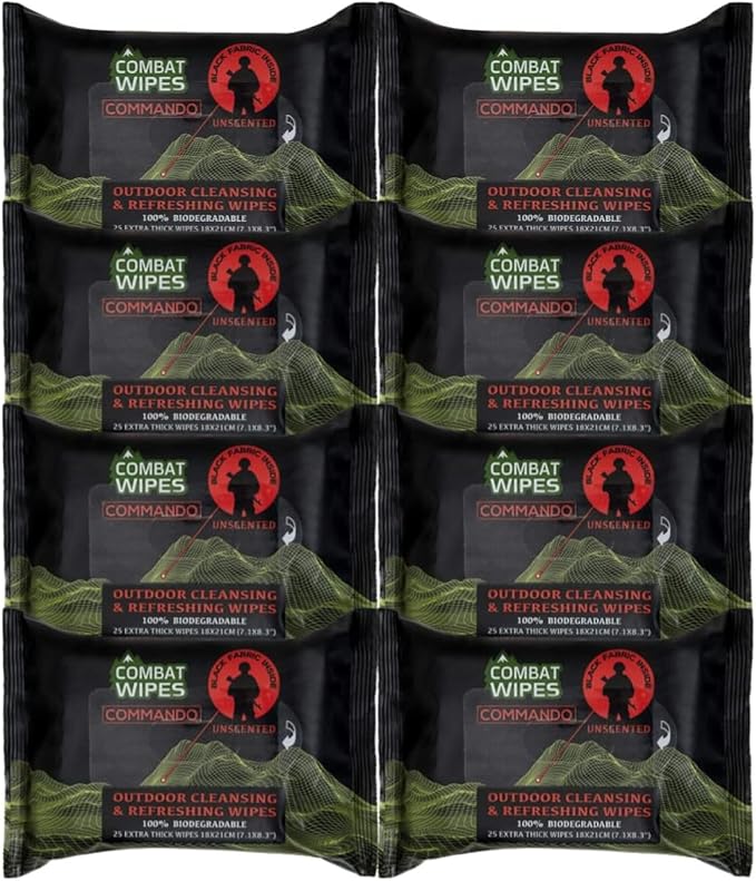 Black Unscented Camouflage Wet Wipes - Combat Wipes COMMANDO - Thick, Biodegradable, Heavy Duty Cleansing Cloths for Camping, Military, Hunting & Backpacking w/Aloe & Vitamin E (8 Pack, 200 wipes)