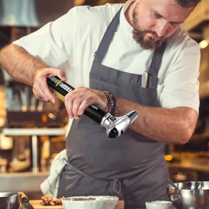 TBTeek Torch Lighter with Butane Included, Kitchen Torch Creme Brulee Torch with 180 ml Butane Fuel Refill, Safety Lock & Adjustable Flame for Cooking, BBQ, Baking, Creme, DIY Soldering (1 Can)