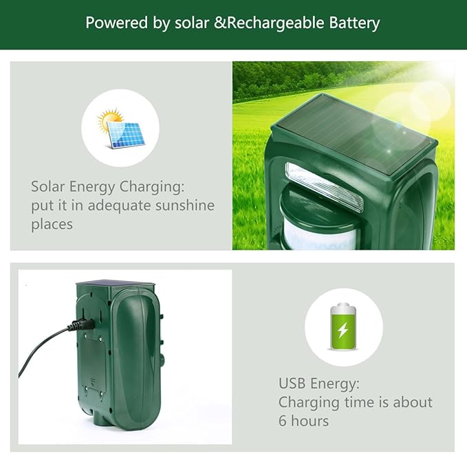 Ultrasonic Pest Repellent,Solar Animal Repeller,Outdoor Cat Repellent,Bird Repellent,Deer Repellent.Dog,Raccoon,Squirrel Repellent,Motion Activated LED Flashing Light Alarm Sound Animal Repeller