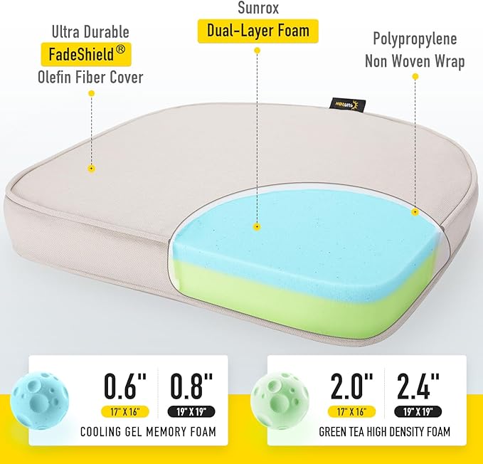 SUNROX Gel Memory Foam Chair Cushions, FadeShield Water-, Stain-Resistant Durable Reversible Seat Cushion Pads with Ties for Indoor/Outdoor Kitchen Dining Office, 19"x19", Set of 2, Cream