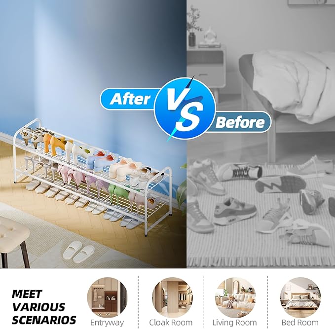 2 Tier Shoe Rack for Closet, 44 Inch Extra Long Shoe Storage Organizer for Shelves, Heavy Duty Metal, Easy Assembly, White