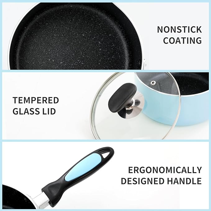 Nonstick Saucepan Set with Lid, Non Stick 1Qt & 2Qt Sauce Pan Set with Glass Lid Small Pot for Home Kitchen