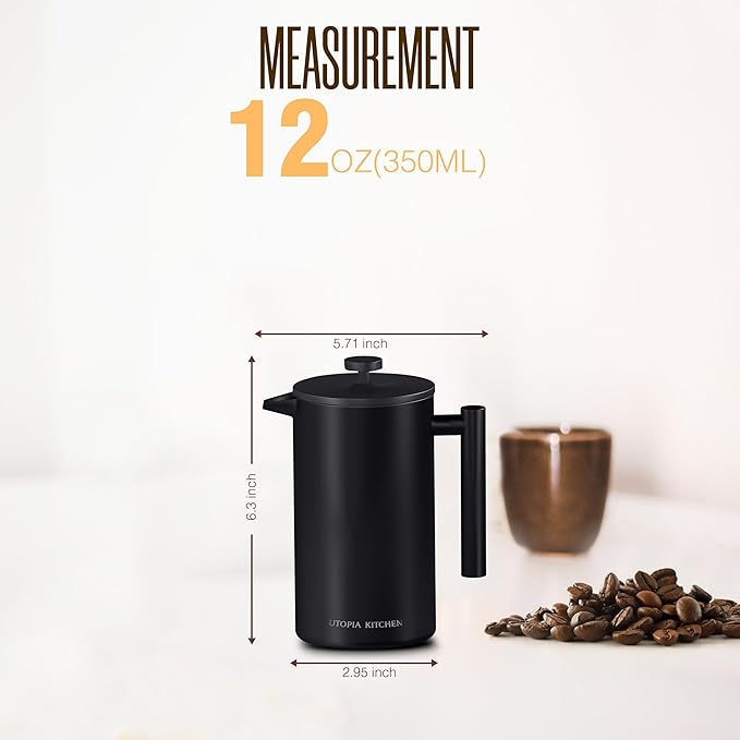 Utopia Kitchen Stainless Steel French Press Coffee Maker 12 Oz, French Press Tea Maker, Cold Brew Portable Travel Coffee Presses, Tea Press Gifts Black