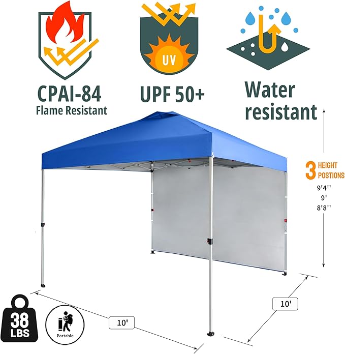 CROWN SHADES 10x10 Pop Up Canopy with 1 Side Wall - Beach Tent with One Push Setup - Outdoor Sun Shade for Events, Parties, Camping - Gazebo with STO-N-Go Cover Bag (Blue)
