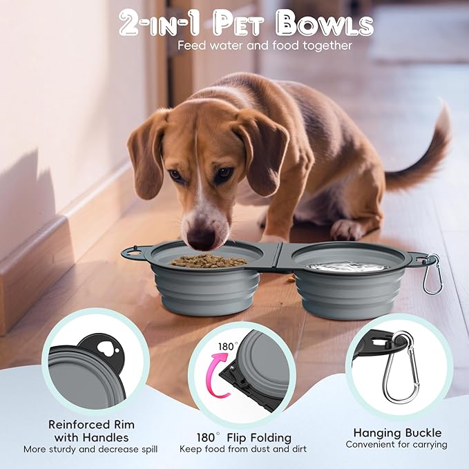 Pawaboo 2-in-1 Collapsible Dog Bowls, Dual Puppy Food and Water Bowls, 180° Flip Over Portable Silicone Dog Bowl with Metal Hook, 450ml Pet Travel Feeder Bowl for Walking Hiking Camping, Gray